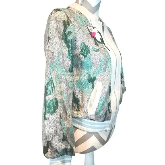 BOSTON PROPER XXS CAMO SEQUIN EMBELLISHED VARSITY FULL ZIP JACKET - Picture 2 of 12